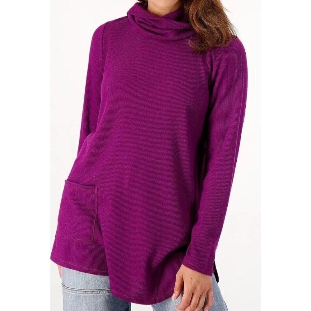 LOGO Lounge by Lori Goldstein Micro Cloud Waffle Cowl Neck Top Dark Plum Large